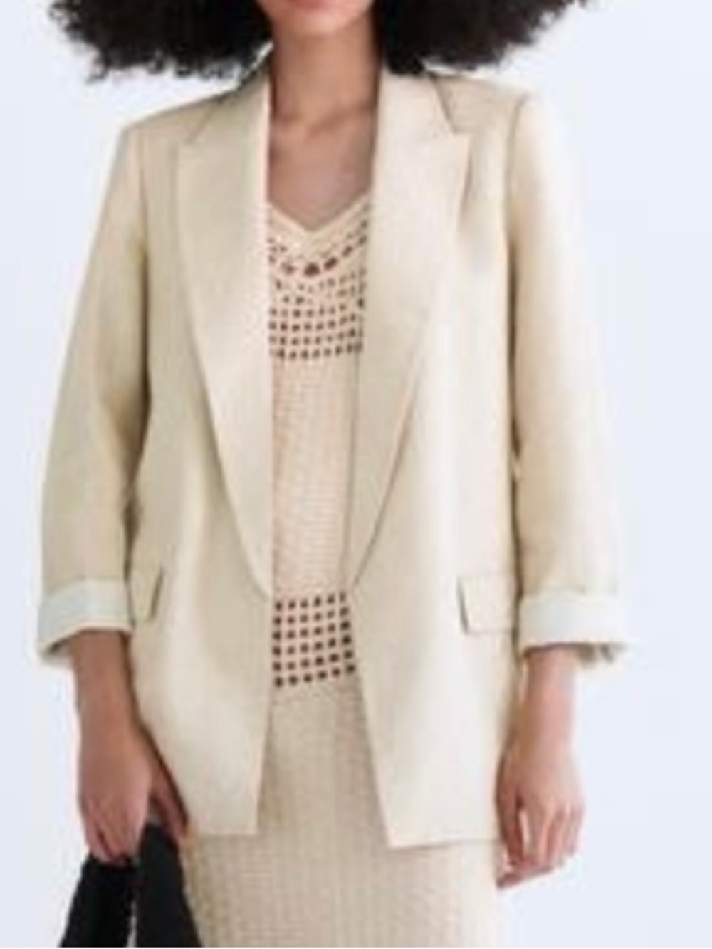 Zara Printed Cuff Linen Blend Blazer in Natural sz M